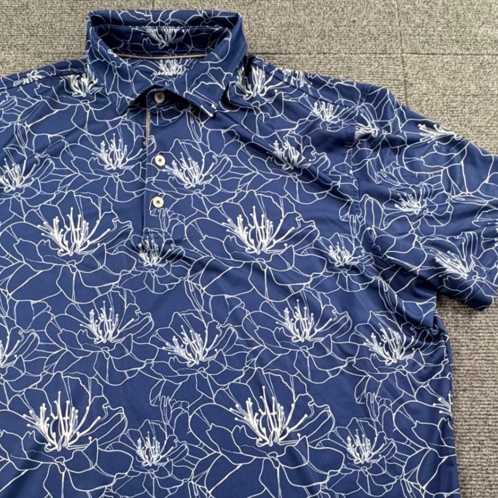 Johnnie-O Mens Floral Performance Polo Shirt Navy Blue White Size Large Stretch